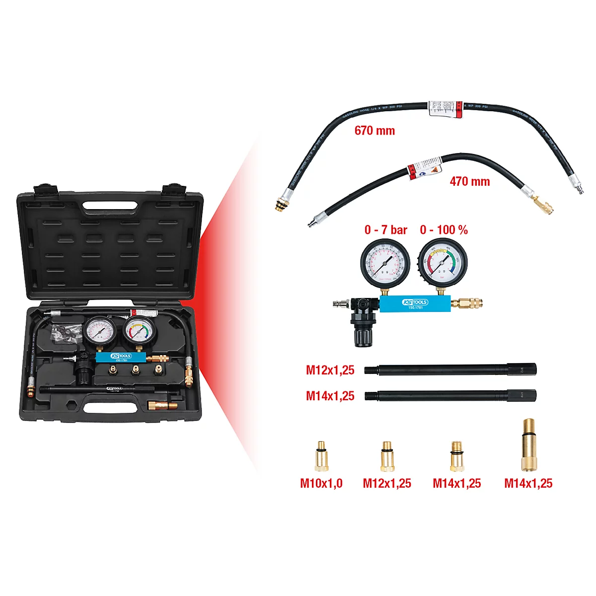 Werkzeugkoffer mit Manometern, Schläuchen und Adaptern, Details in der Nahaufnahme.
